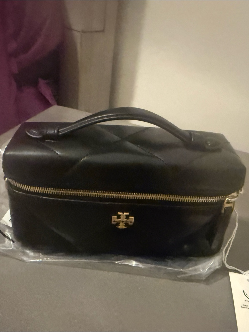Tory Burch Black Quilted Top-Handle Cosmetic Case with Gold Logo